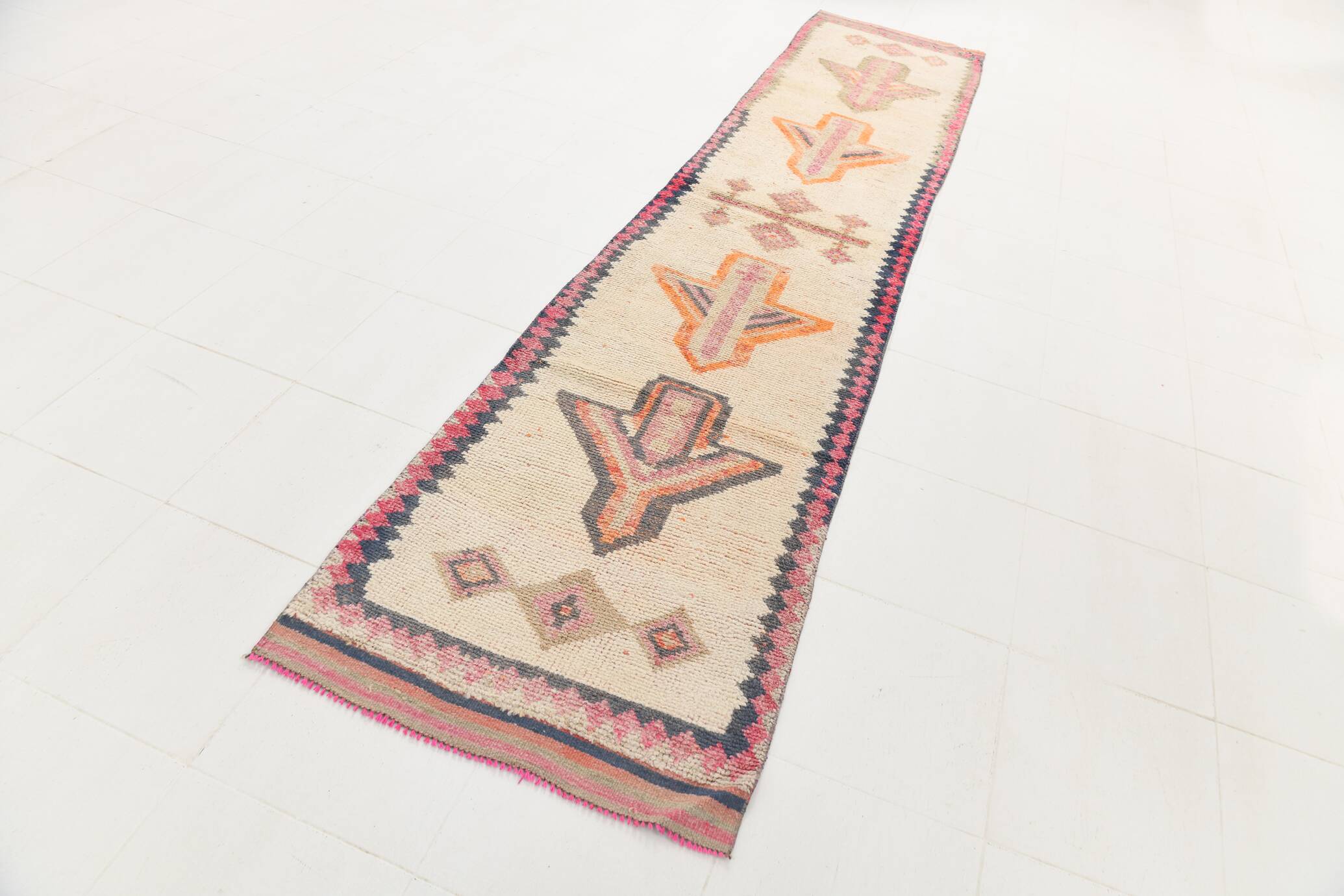 3x13 Salmon Orange & Cream Orientel Wool Runner Rug, 87x384 Cm