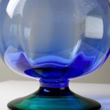 Petit vase globe à pied cristal vintage bicolore bleu et vert