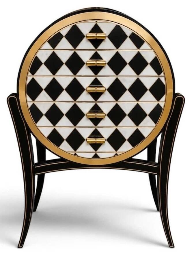 Une commode Art Déco en bois de hêtre – Marqueterie 6 tiroirs, noir, blanc