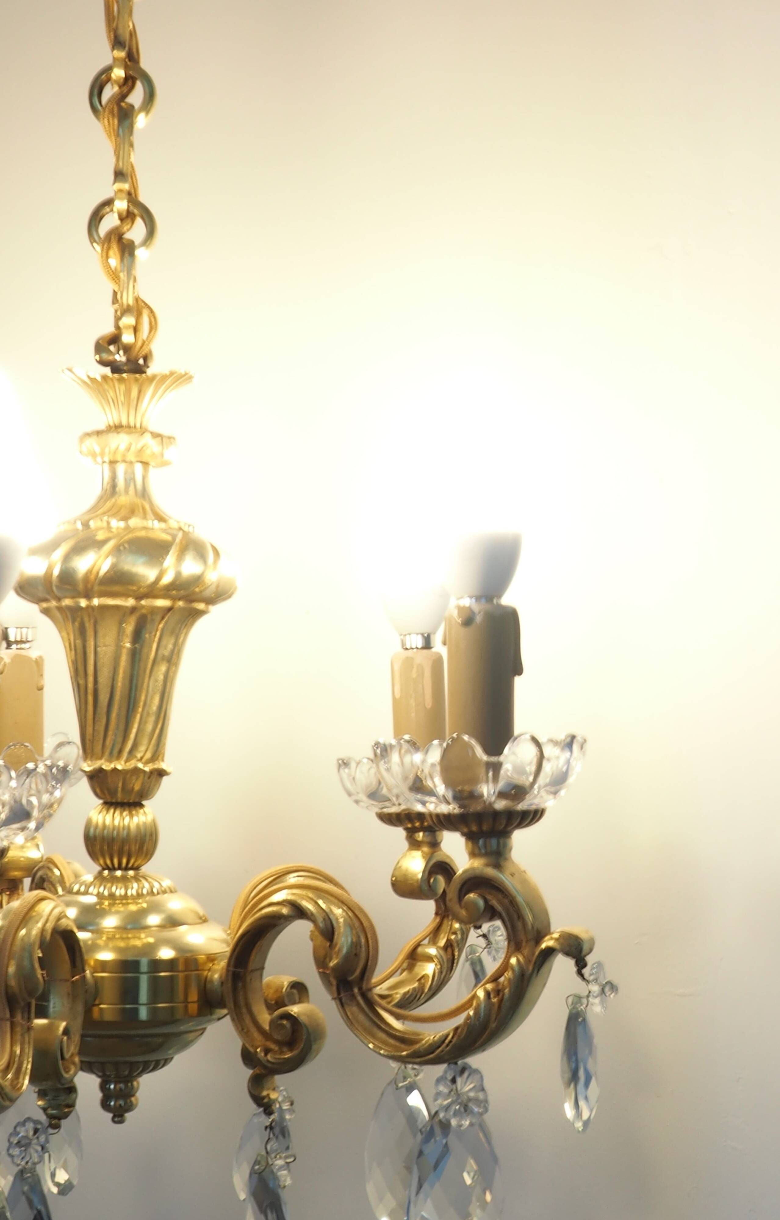 Solid bronze chandelier with crystal pendants and candle holders - Lucien GAU