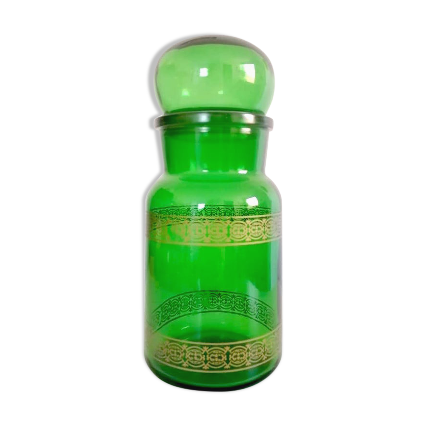 Apothecary jar in vintage green and gold glass