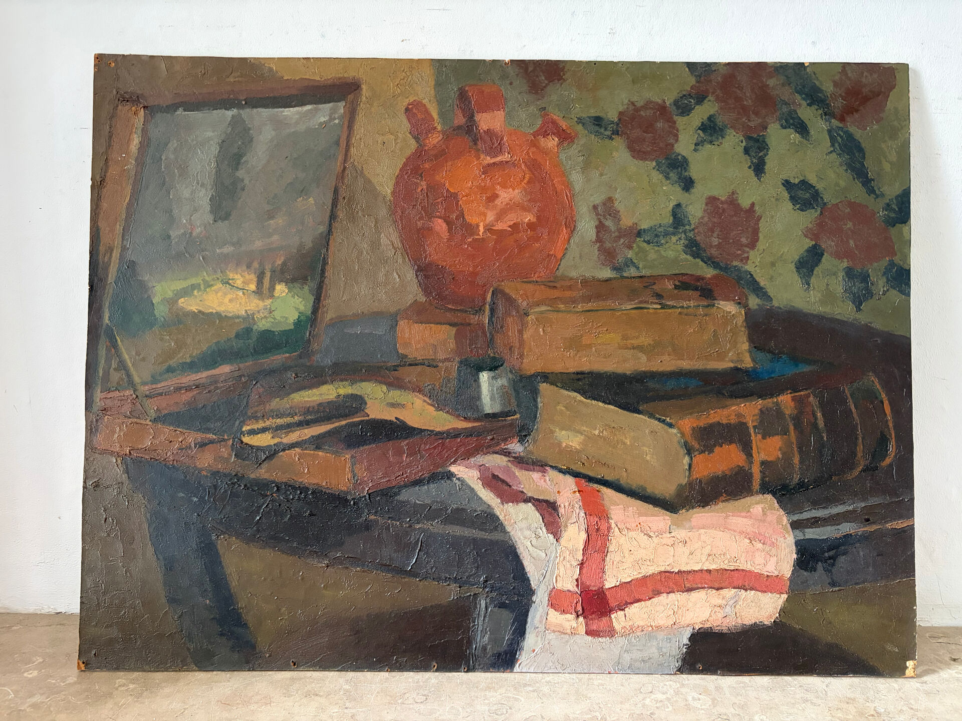 Still life, painter's table, oil on panel