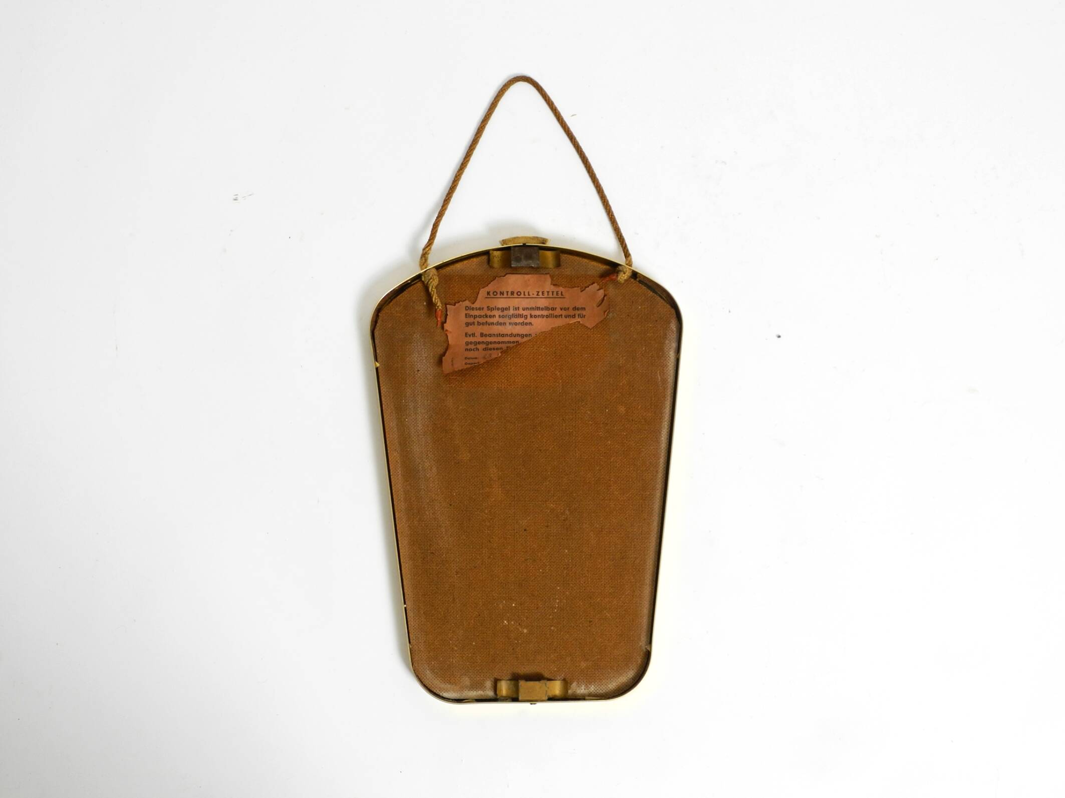 Beautiful small mid-century brass wall mirror with braided hanging strap