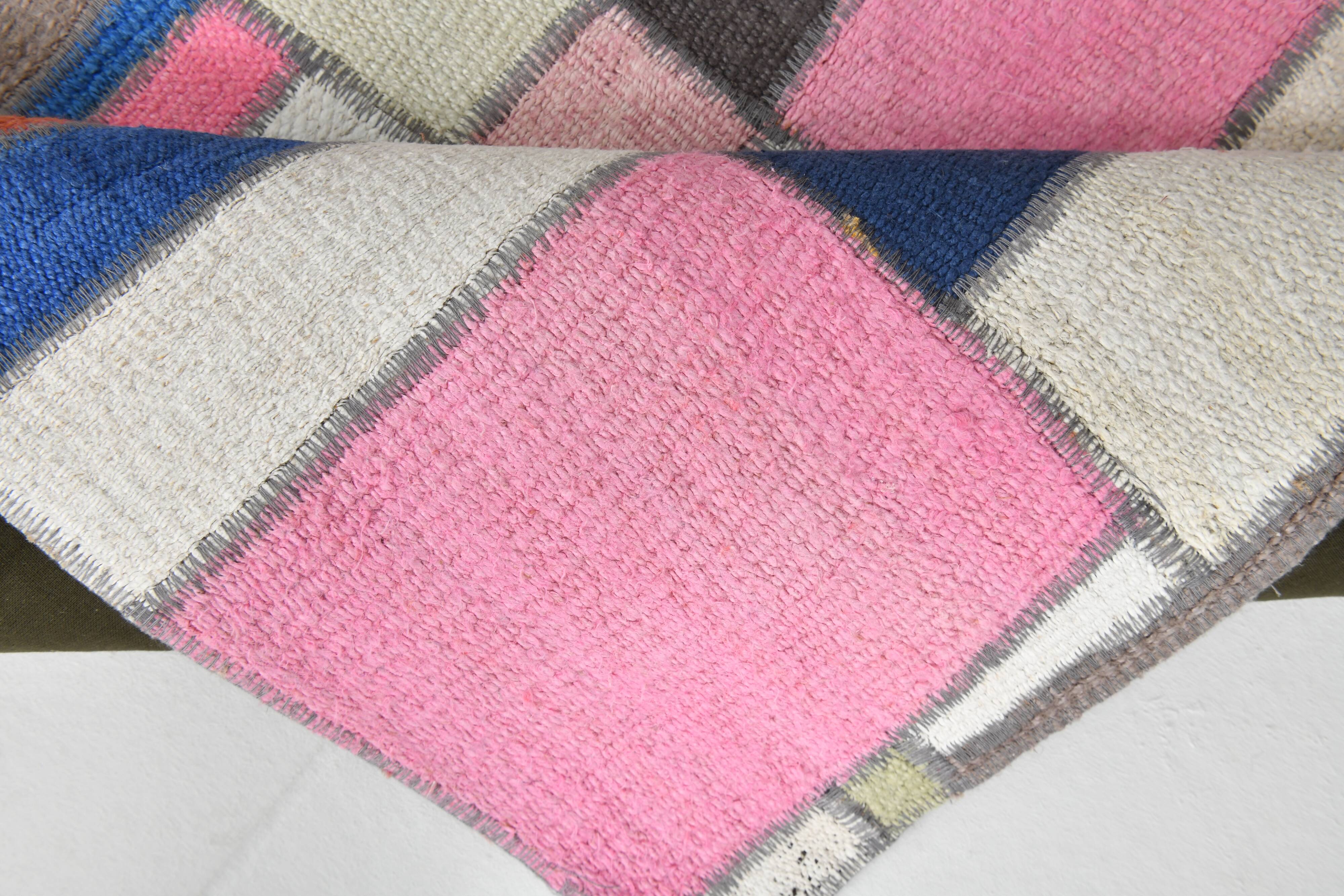 2x5 Pink & Blue Contemporary Kilim Runner Rug, 68x155Cm