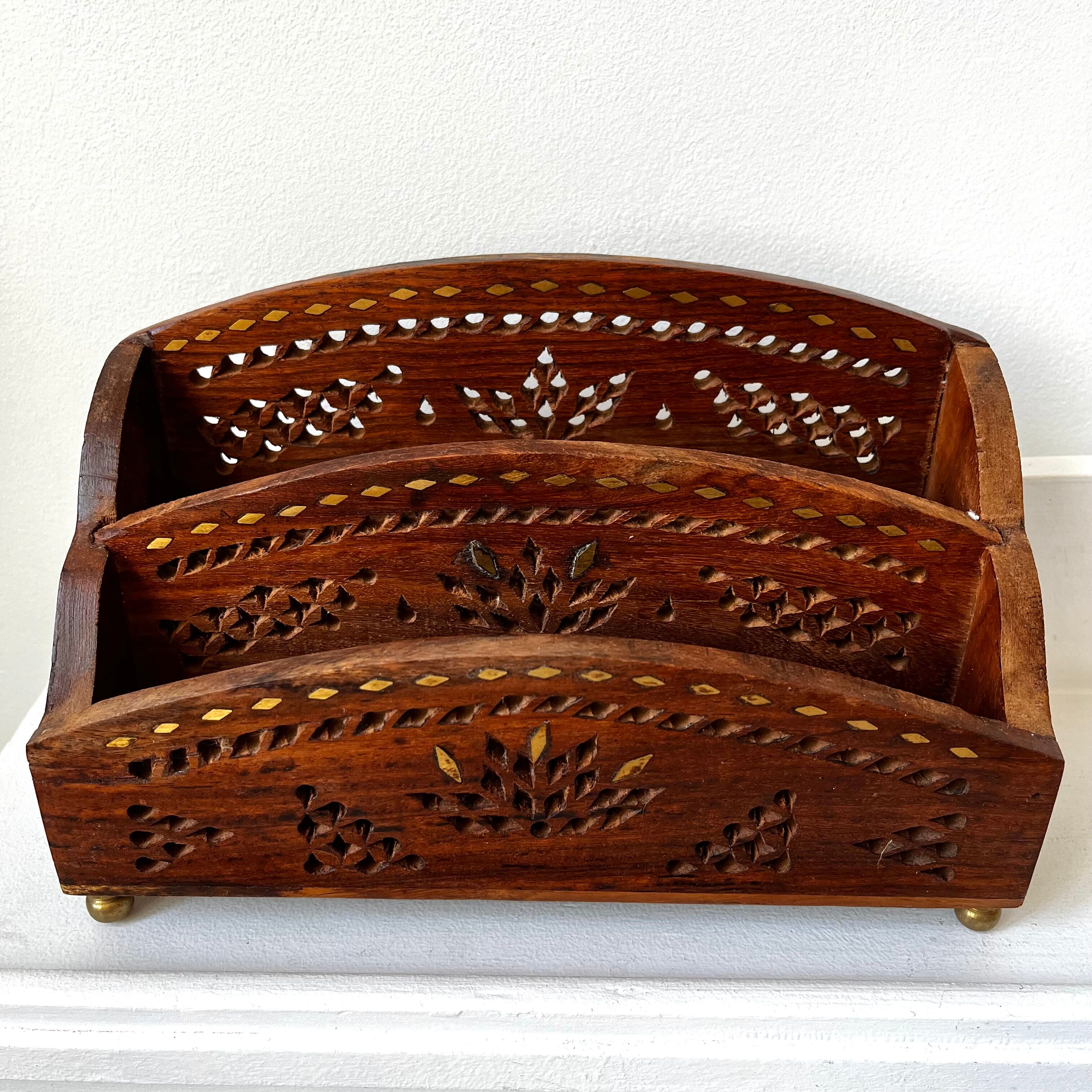 Vintage mail rack in wood and brass