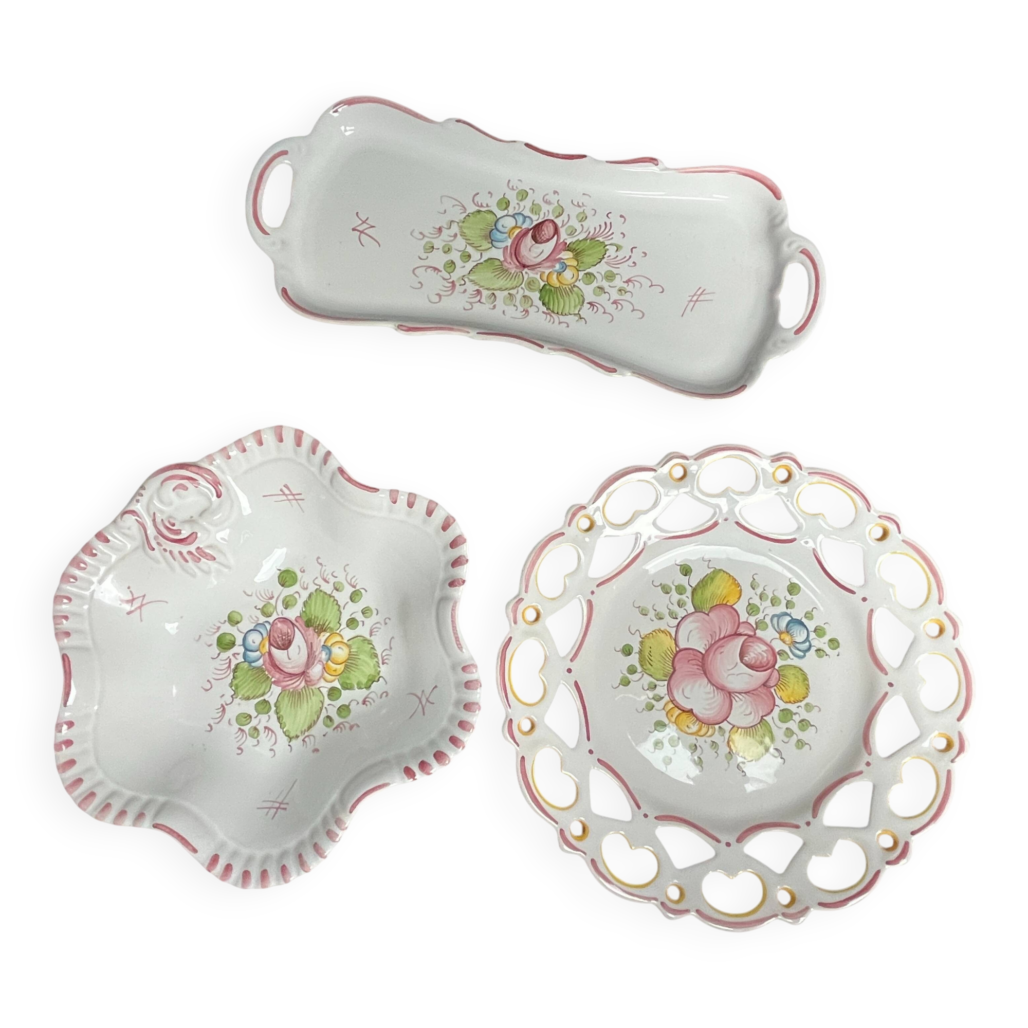 Set of three ceramics with floral decoration from Moustiers, 20th century