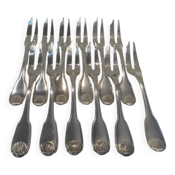 12 silver plated cake forks, Christofle Vendome, 2 prongs