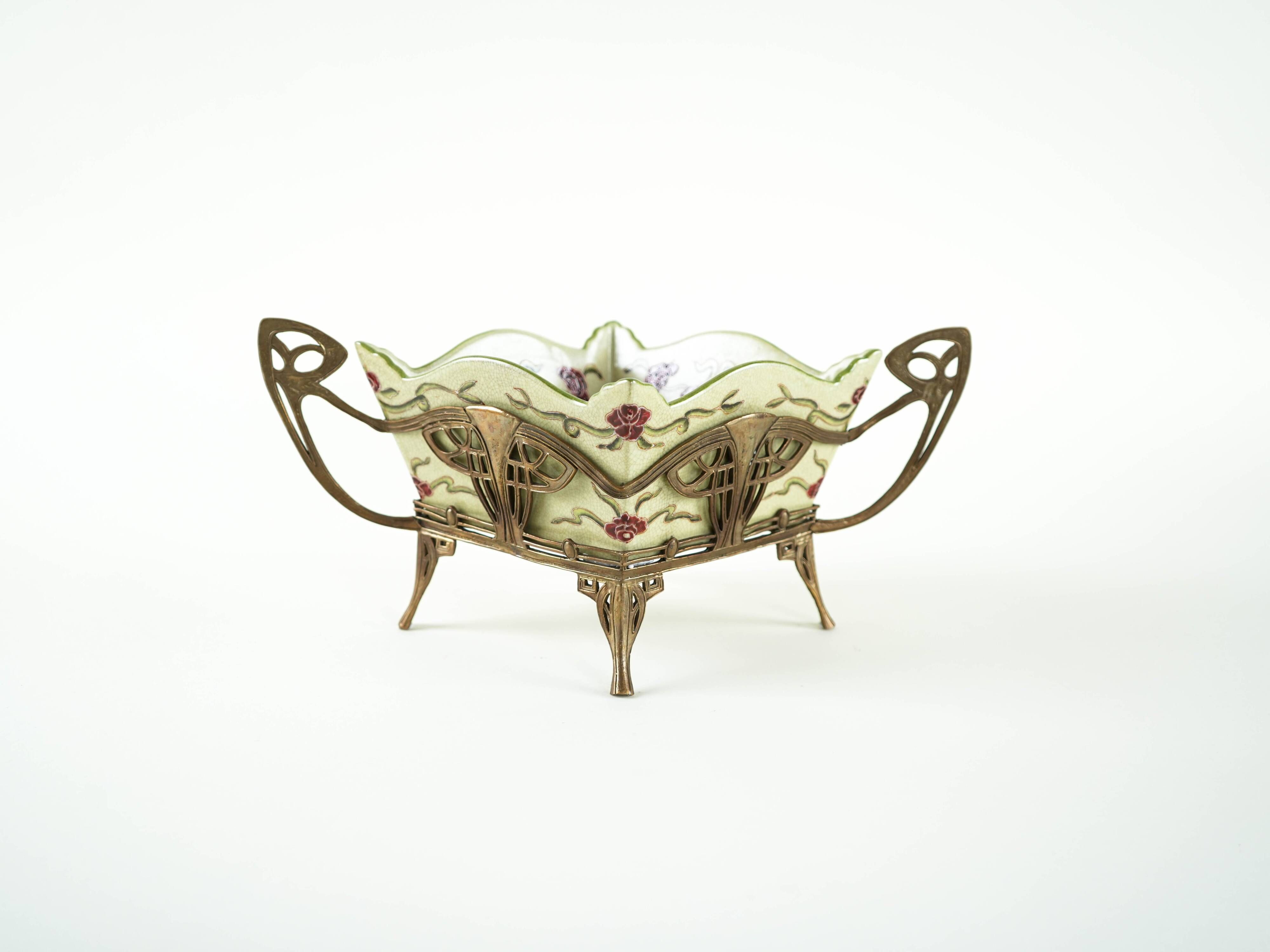 Art Nouveau platter with ceramic insert in ornamental metal frame, European craftsmanship