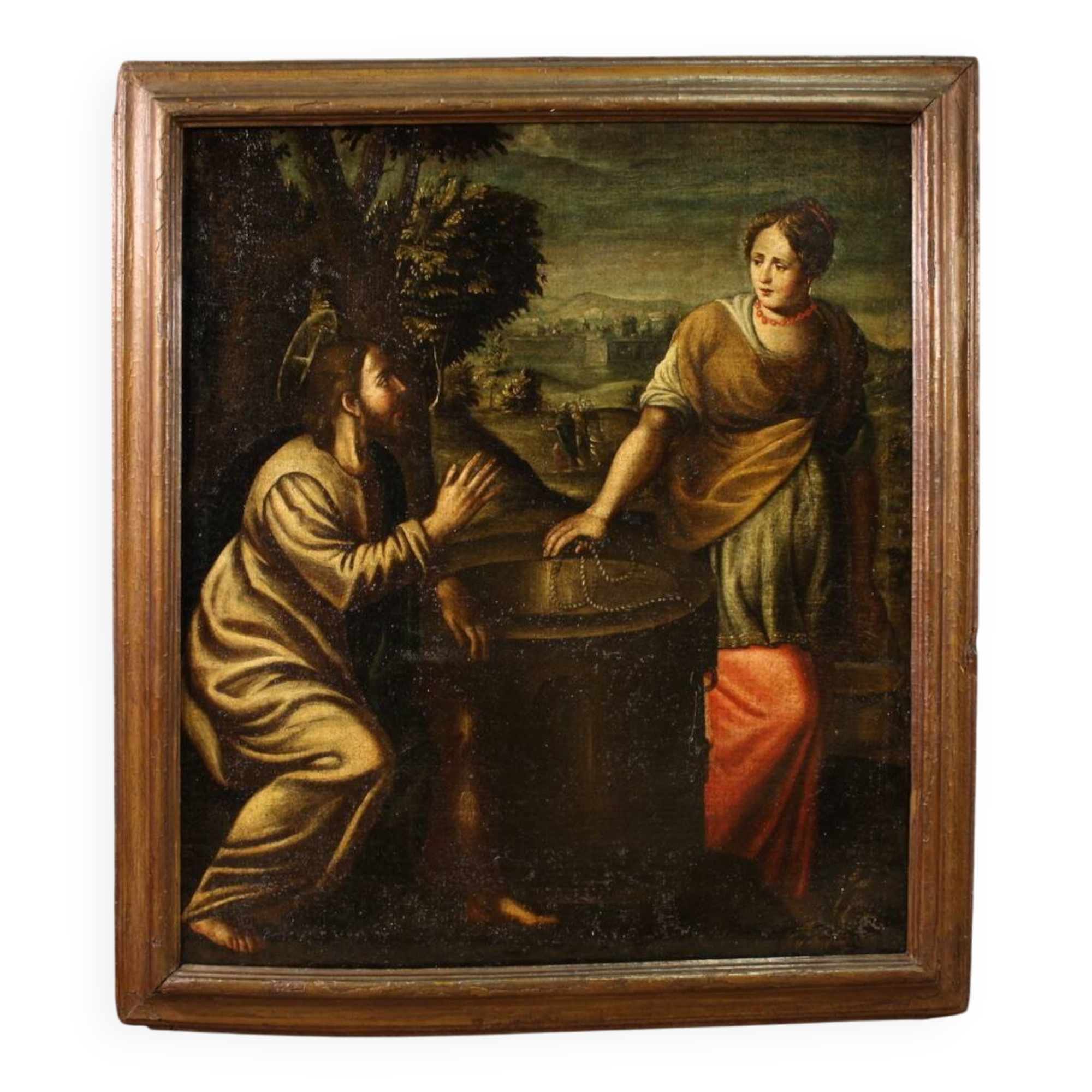 Peinture italienne antique Le Christ et la Samaritaine au puits
