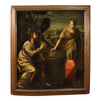 Antique Italian painting Christ and the Samaritan woman at the well
