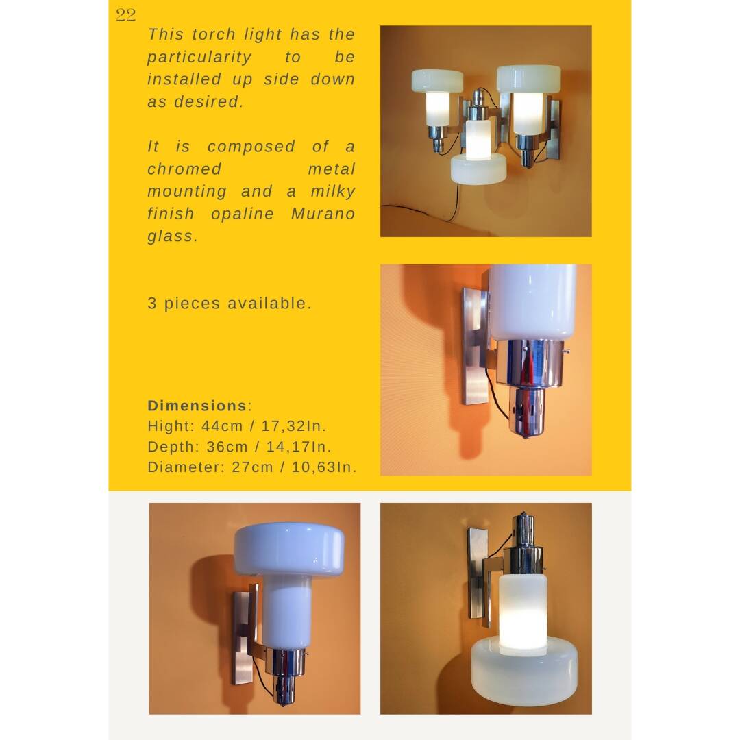 Flambeau light fixture in white opaline Murano glass, Circa 1970