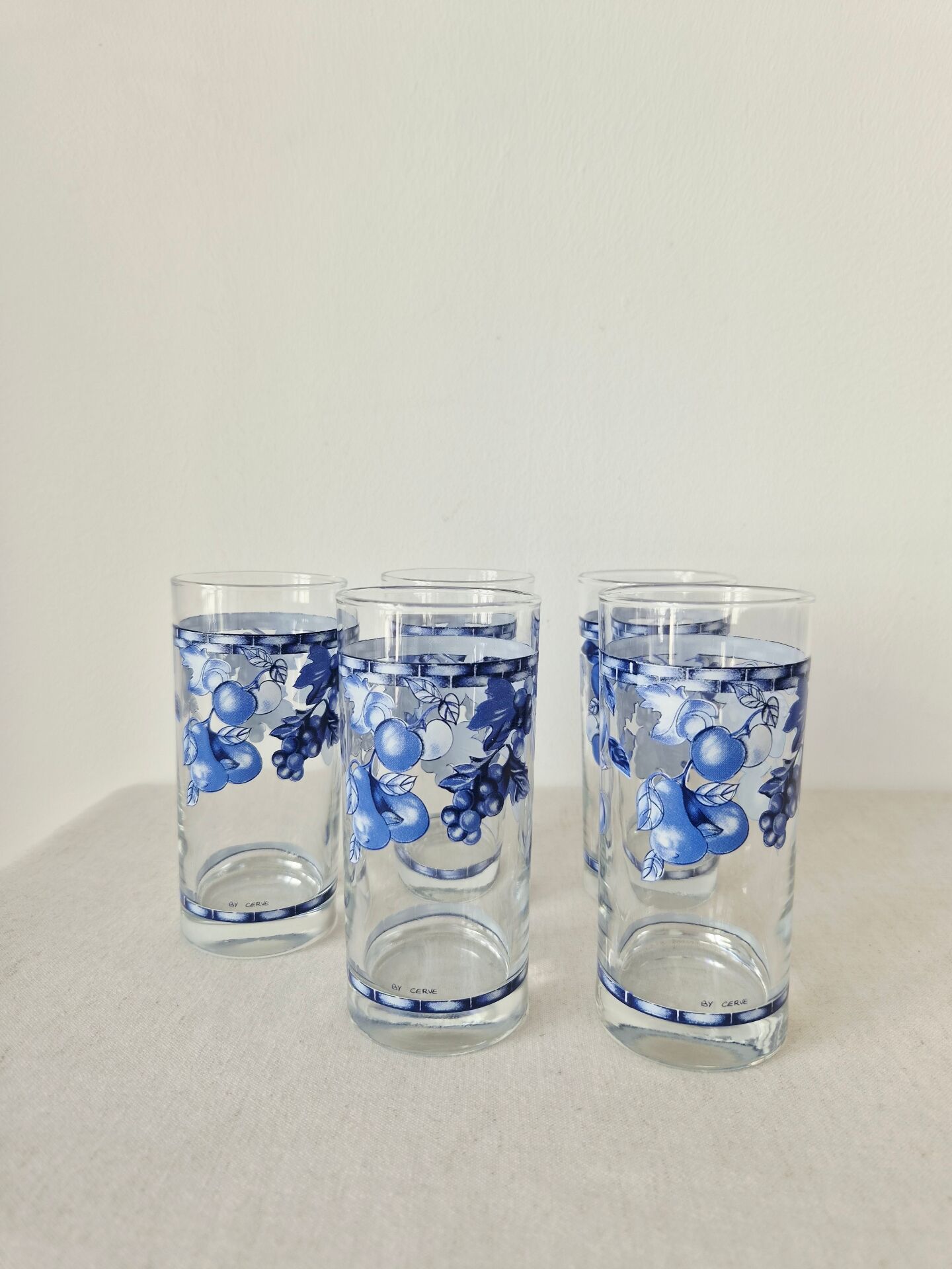 Set of 5 vintage glasses "Blue Fruit Pattern" 1970s - by Cervé Italy