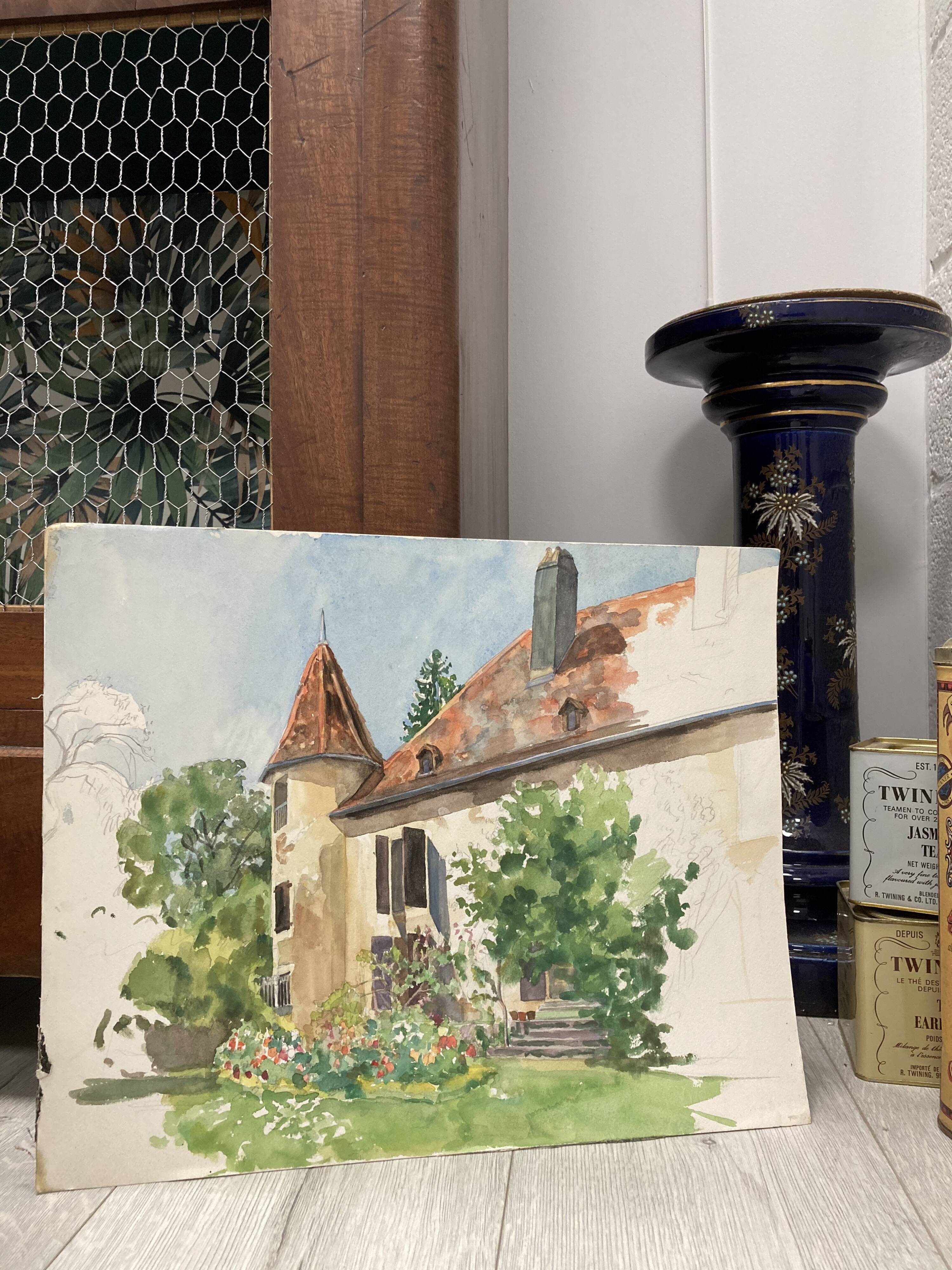 Watercolor landscape old house