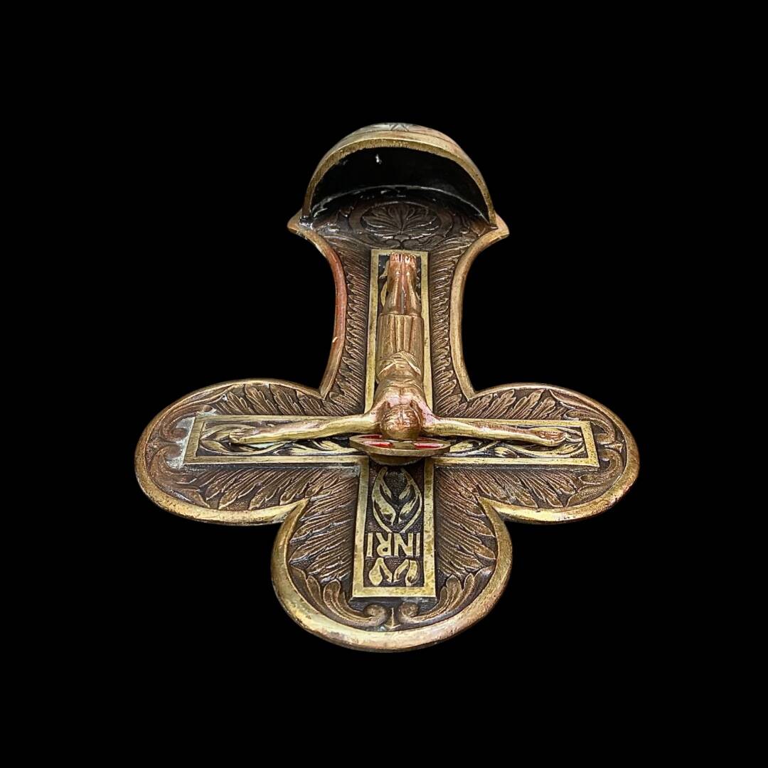 Old holy water stoup crucifix – patinated bronze