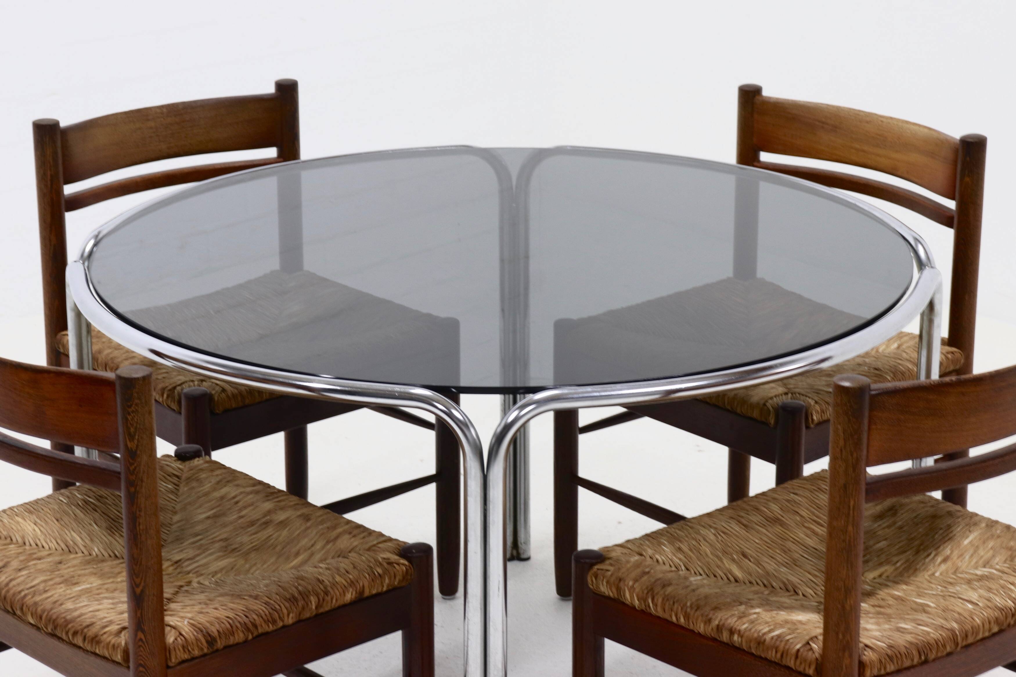 Italian Modern Chrome and Smoked Glass Round Dining Table 1970s