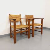 Set of 2 vintage brutalist armchairs in oak wood and straw