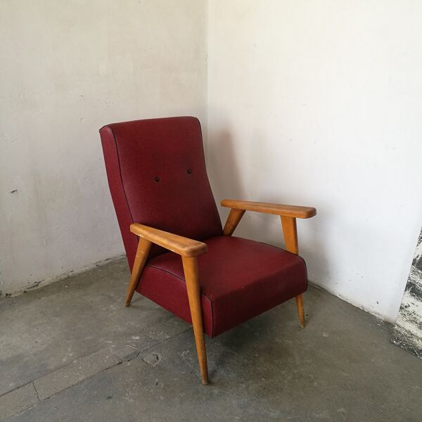 Fauteuil vintage piétement compas skaï rouge