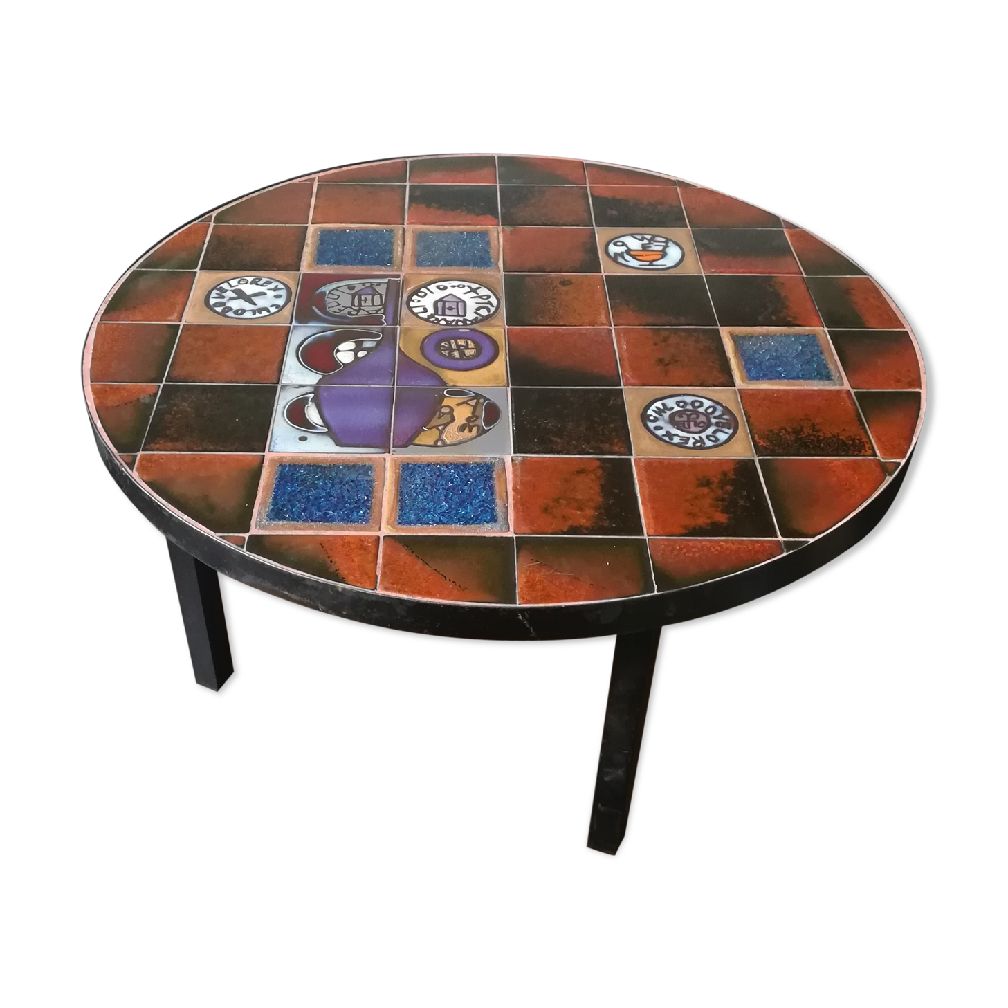 Coffee table, ceramic tray, metal feet, circa 1960