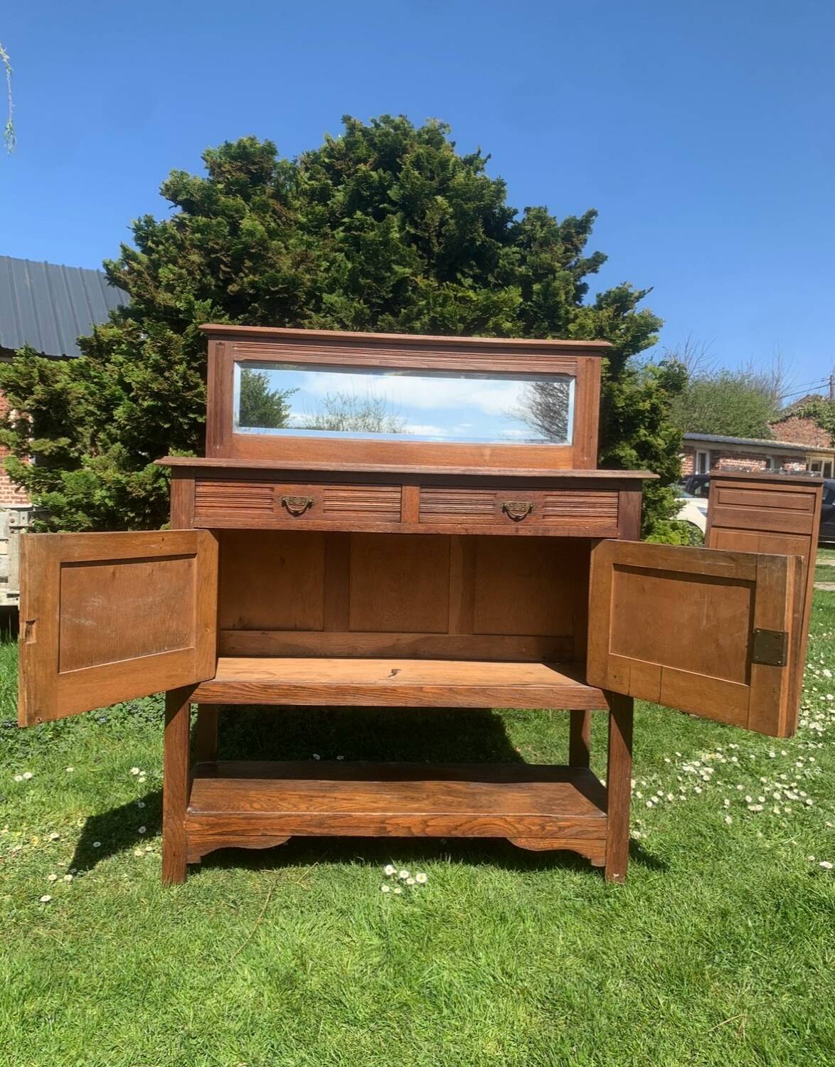 Antique solid wood sideboard with mirror — Art Nouveau style