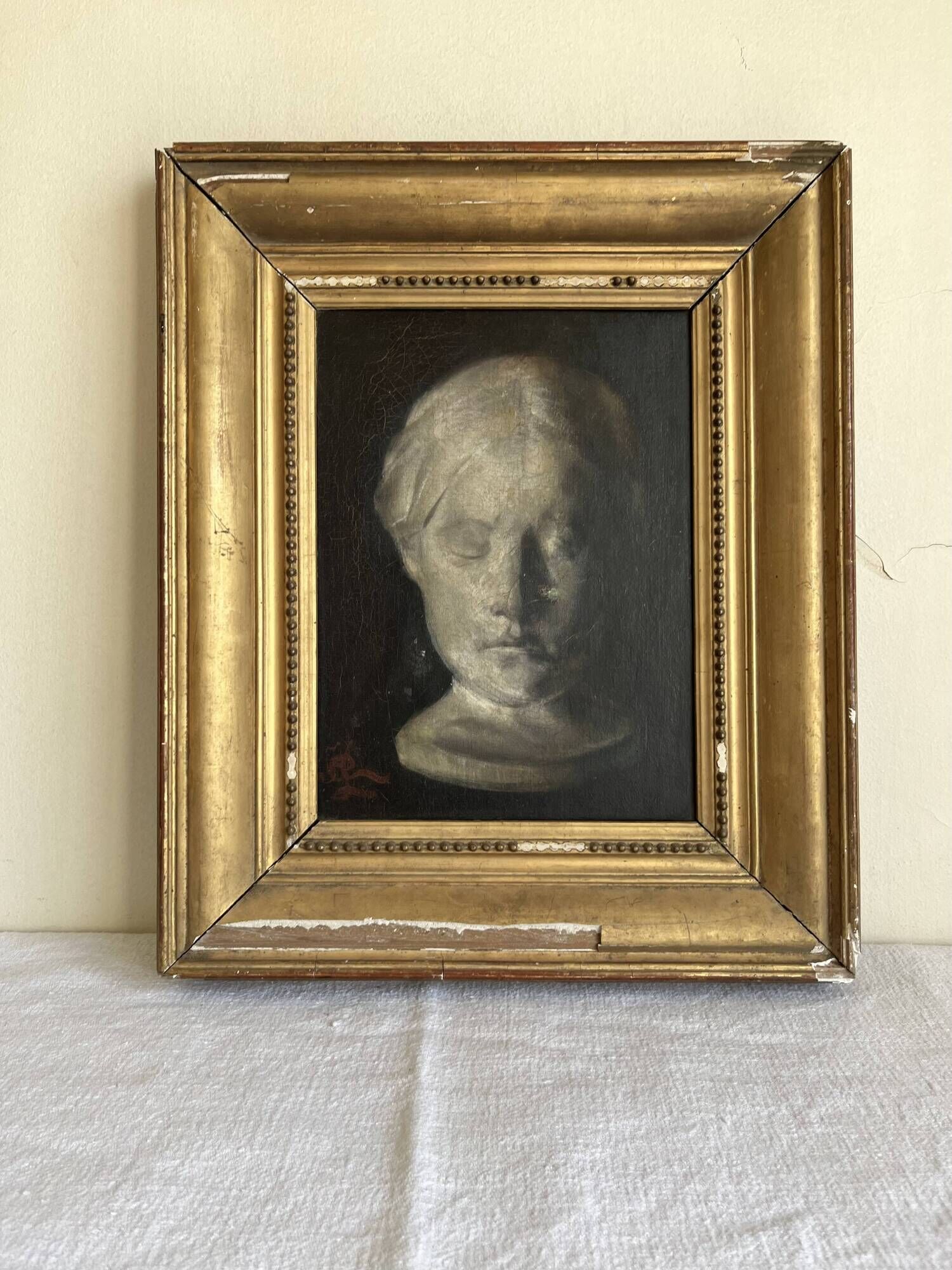 Study of a young girl in plaster, oil on canvas, 19th century, gilded frame.