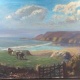 Oil on canvas, pre-salted Bay of Somme, Cow, beef, signed Rogé to identify