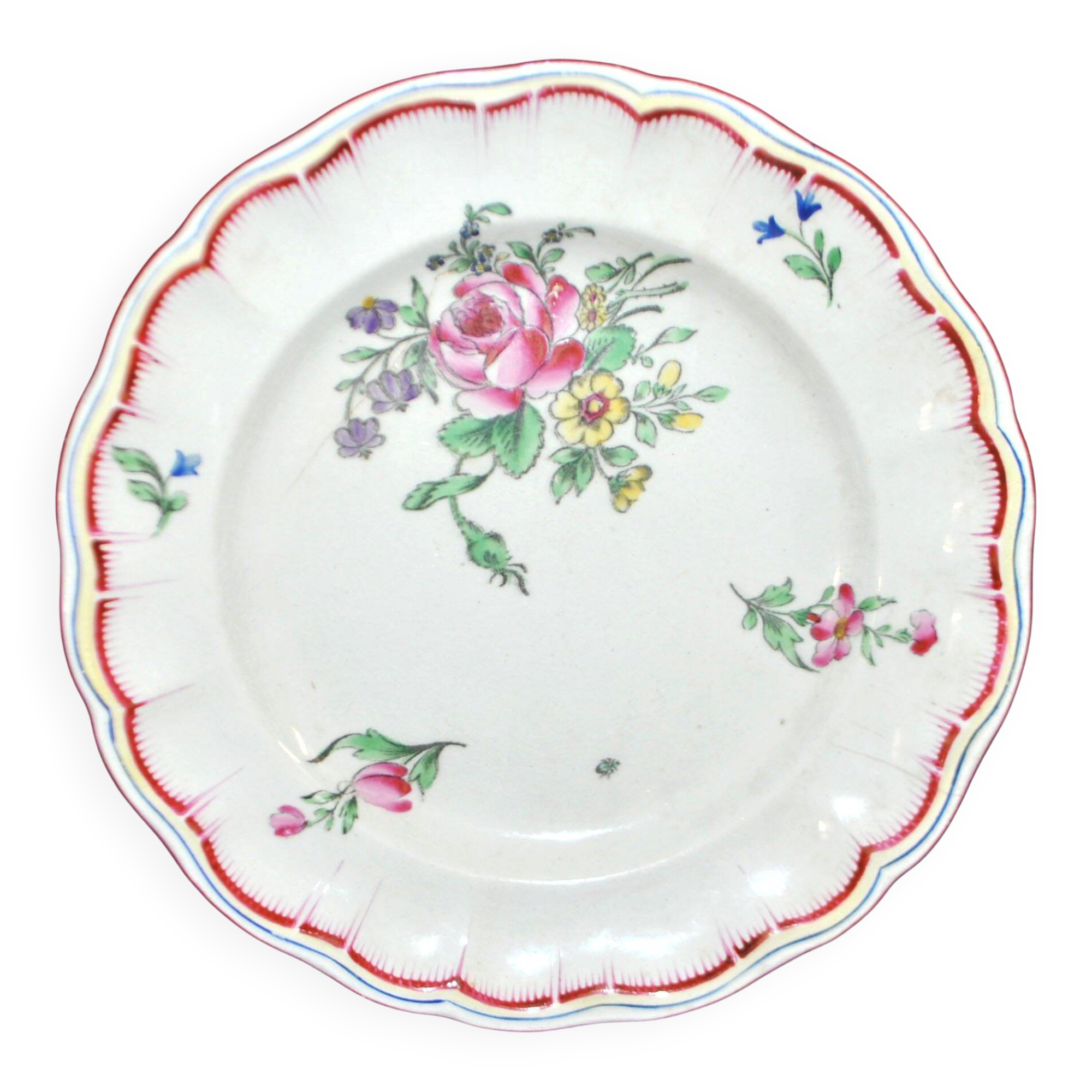 Assiette fleurie ancienne décor réverbère vieux Strasbourg en faïence KG Lunéville