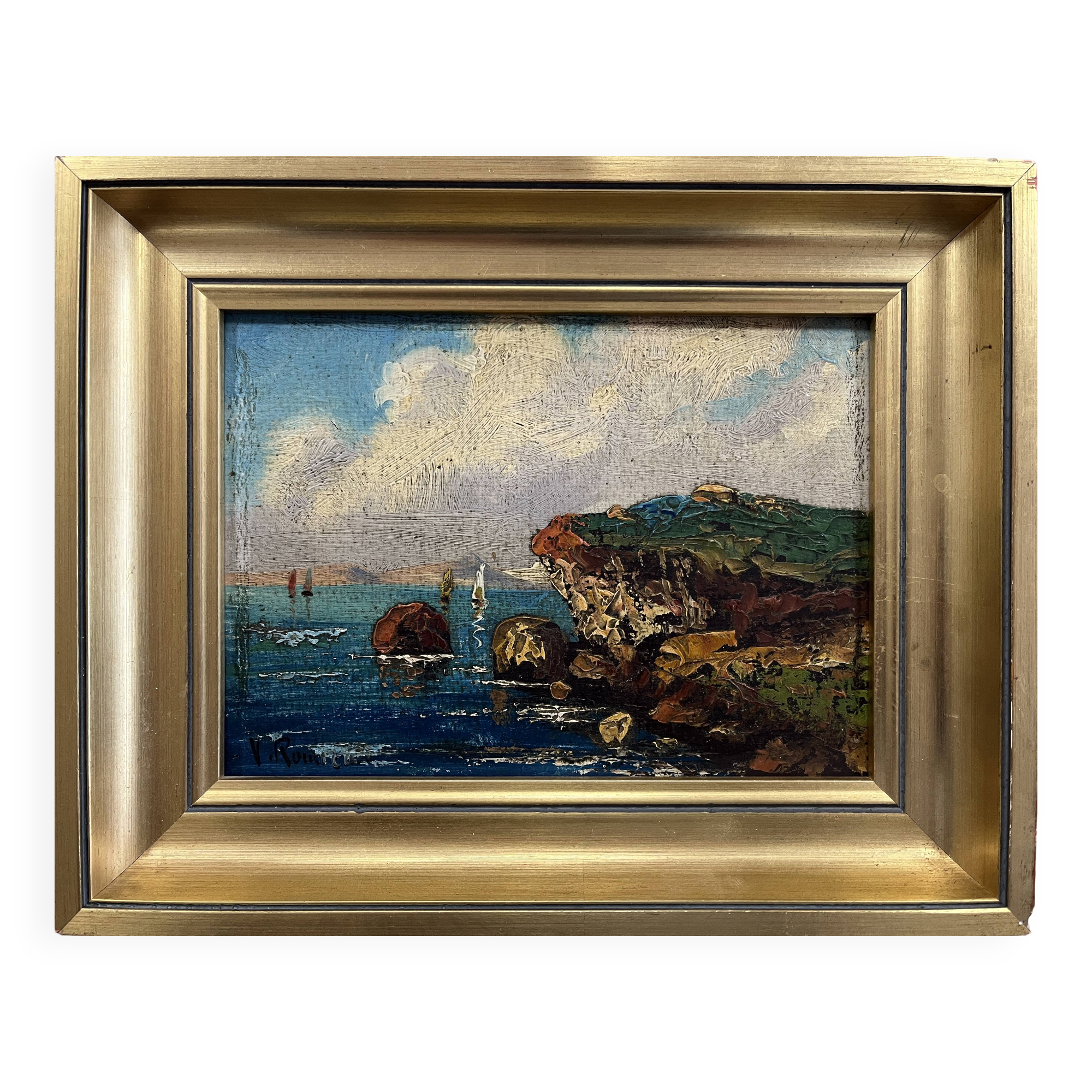 Tableau HST Marine with sailing boats by the seaside early 20th century signed
