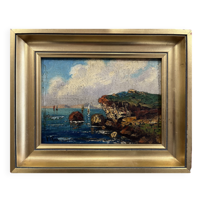 Tableau HST Marine avec voiliers bord de mer début XX° signé