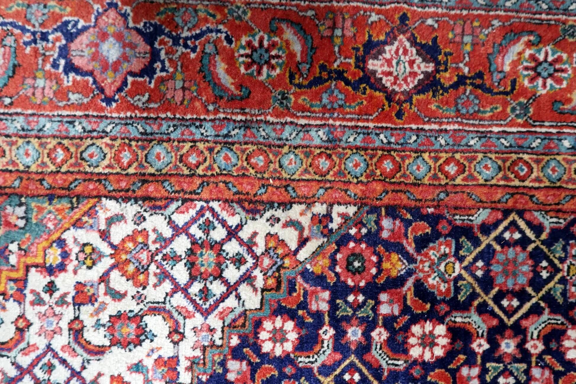 1940s vintage wool medallion rug, red and navy, 206 × 320 cm