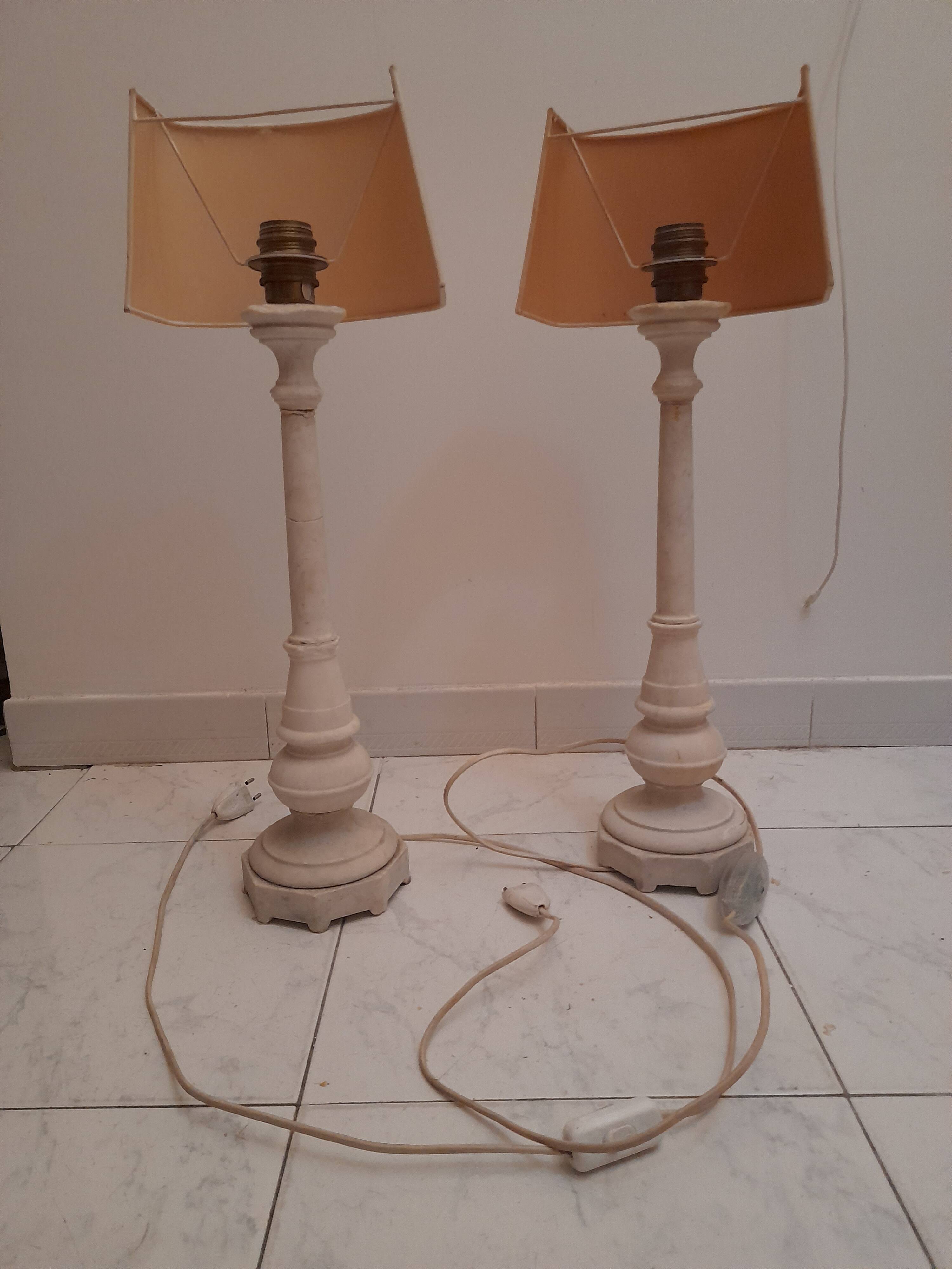 A pair of antique desk lamps with white marble bases