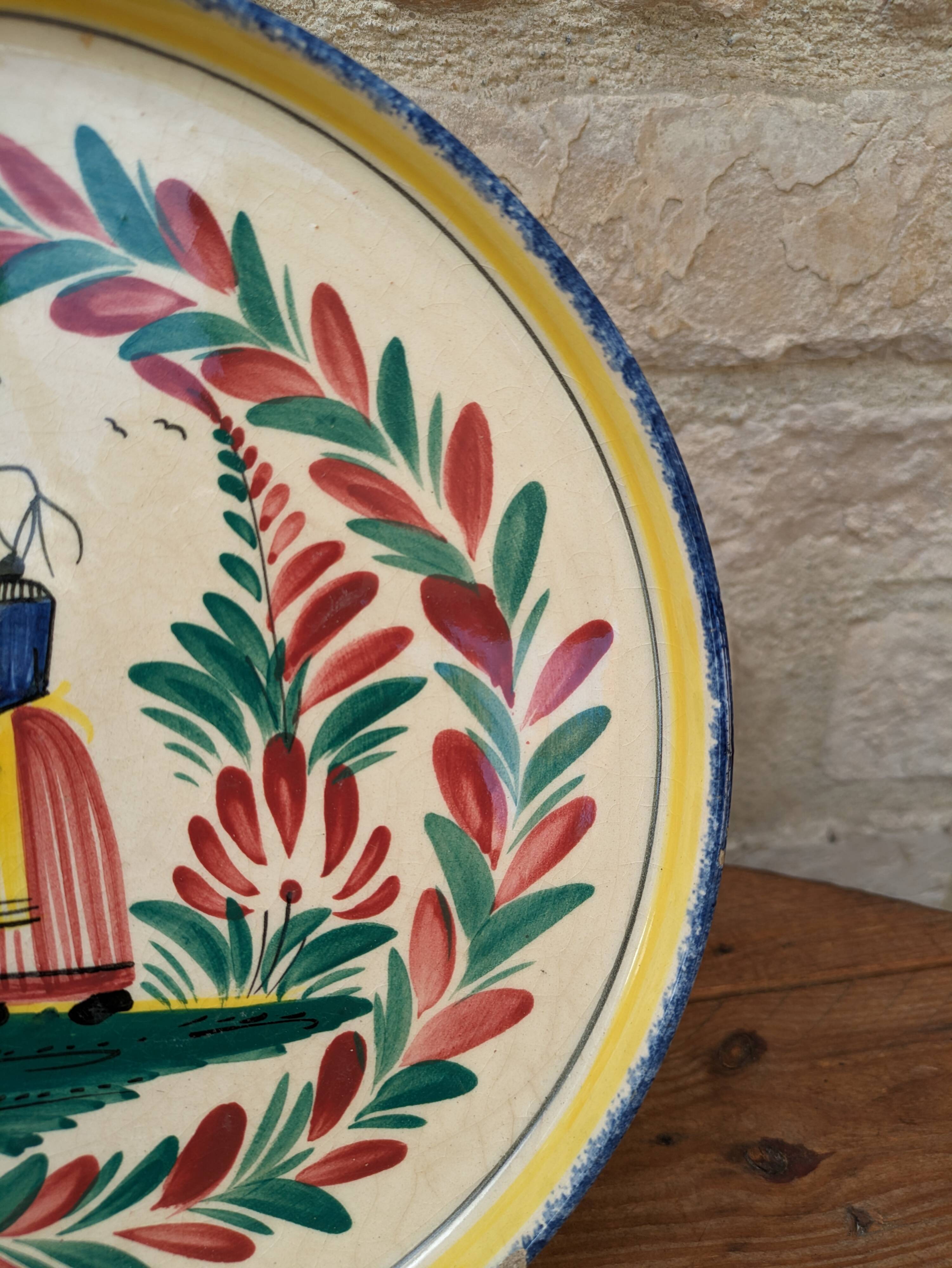 Old HB Henriot Quimper rimmed plate with Breton decor