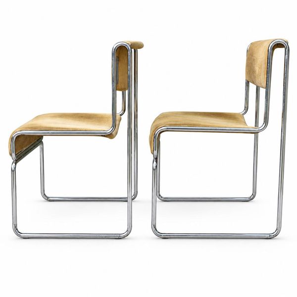 Paire de chaises traîneaux velours côtelé et métal tubulaire chromé vintage