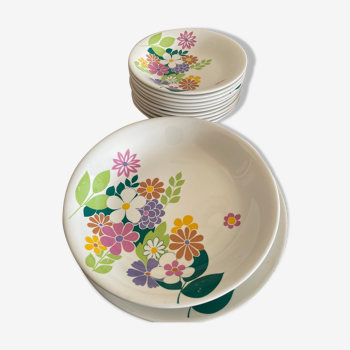 Service 10 assiettes décor fleurs et 2 plats