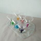 Box 6 liqueur glasses, colored ball base + serving tray, new