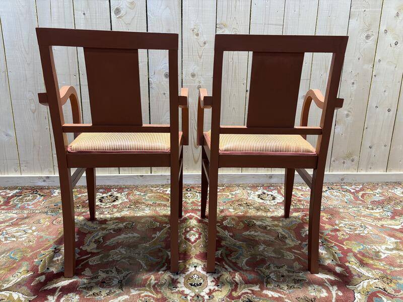 Paire de fauteuils bridge en tissu rayé terracotta
