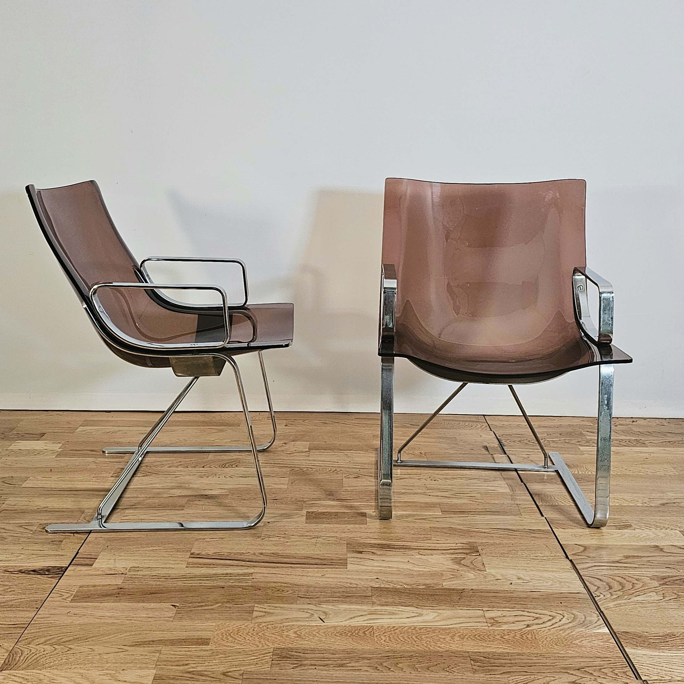 Apelbaum-Paris, pair of armchairs attributed to Raphaël in smoked plexiglass and chrome, 1960/1970