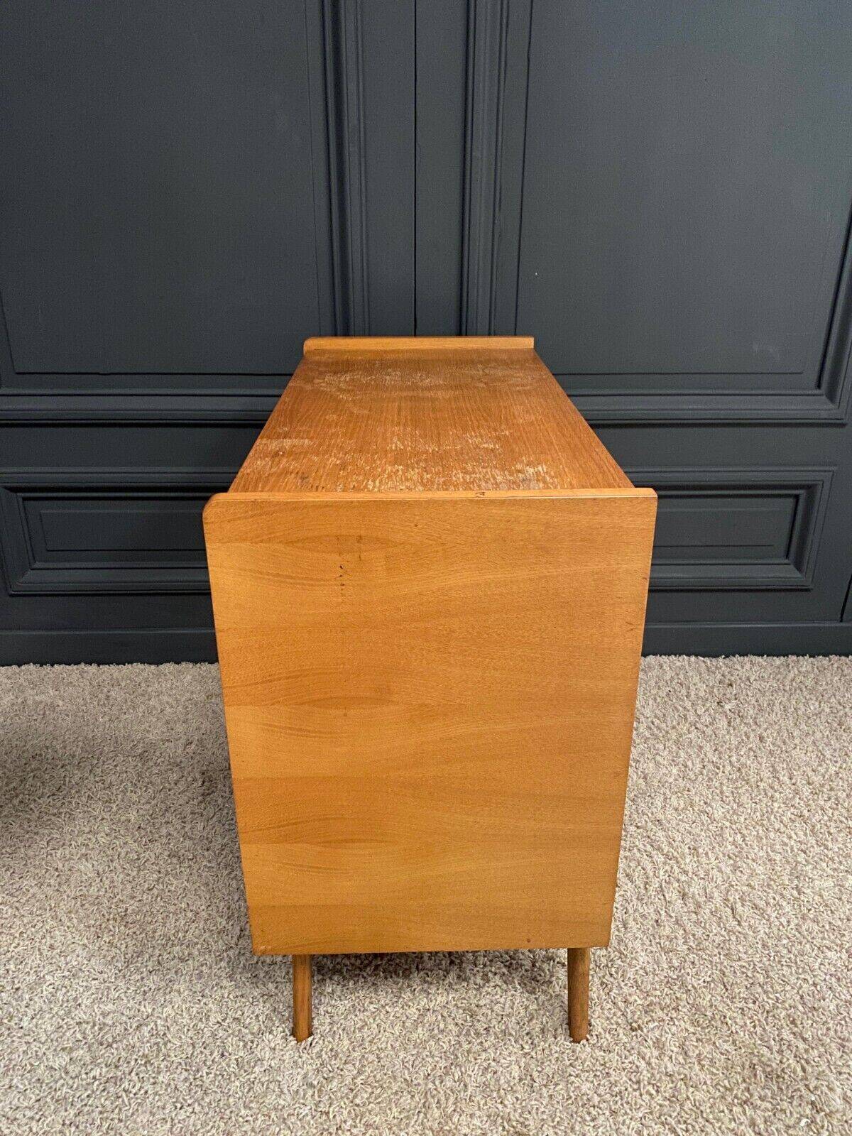 Light oak and rattan chest of drawers with compass feet, three drawers, 1960