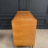 Light oak and rattan chest of drawers with compass feet, three drawers, 1960