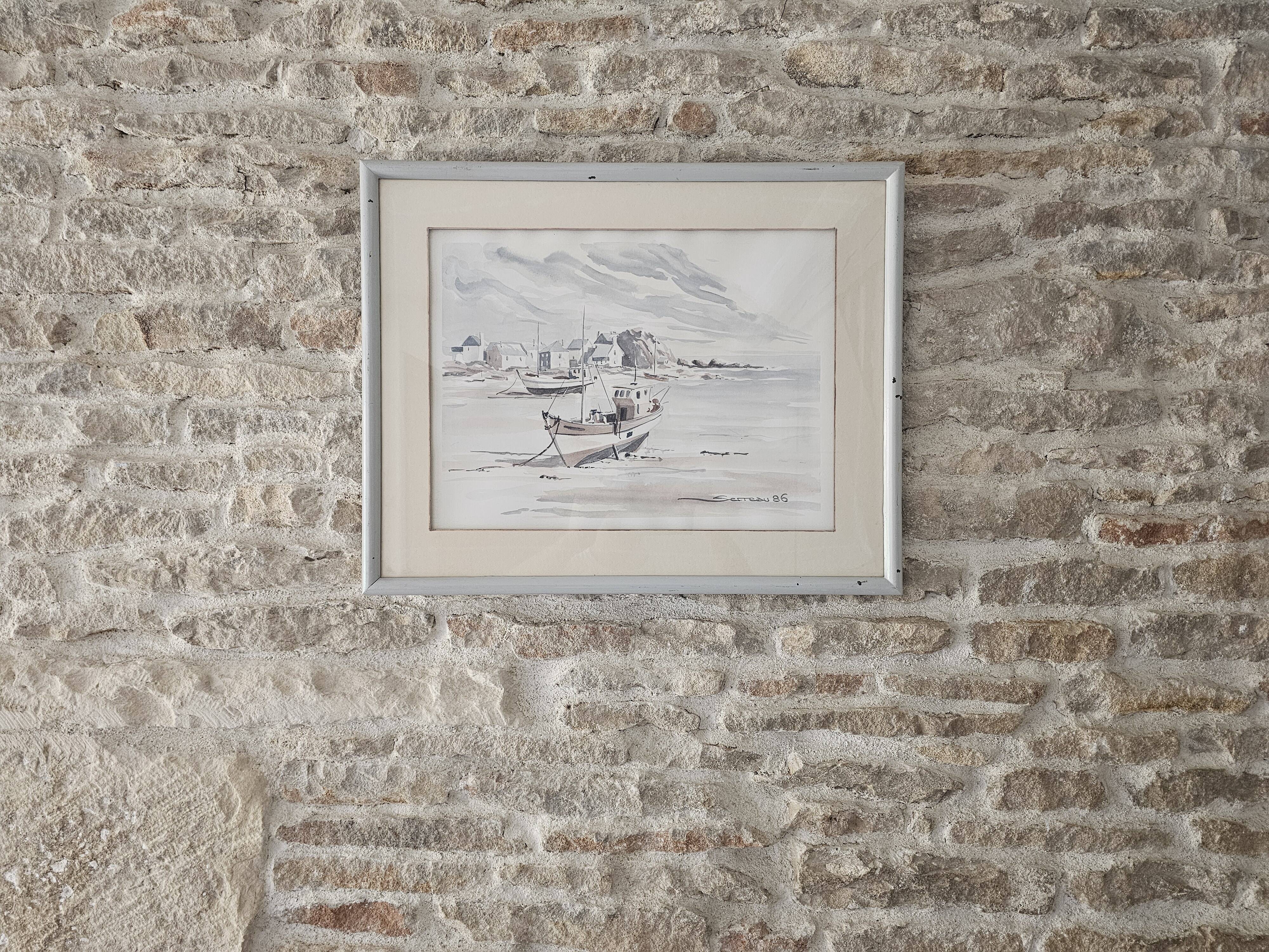 Tableau - Watercolour Landscape Brittany - Marine Boat - Signed Jen Pierre SER