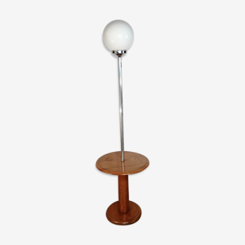 Globe floor lamp, in opaline and chrome with its wooden shelf Vintage, 1950-60