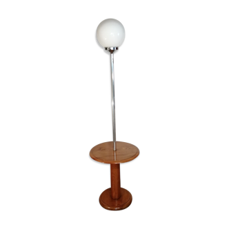 Globe floor lamp, in opaline and chrome with its wooden shelf Vintage, 1950-60