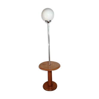 Globe floor lamp, opaline and chrome with its Vintage wooden shelf, 1950-60