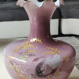 Japanese opaline vase in old pink tones. Swan decoration and polychrome floral motifs.