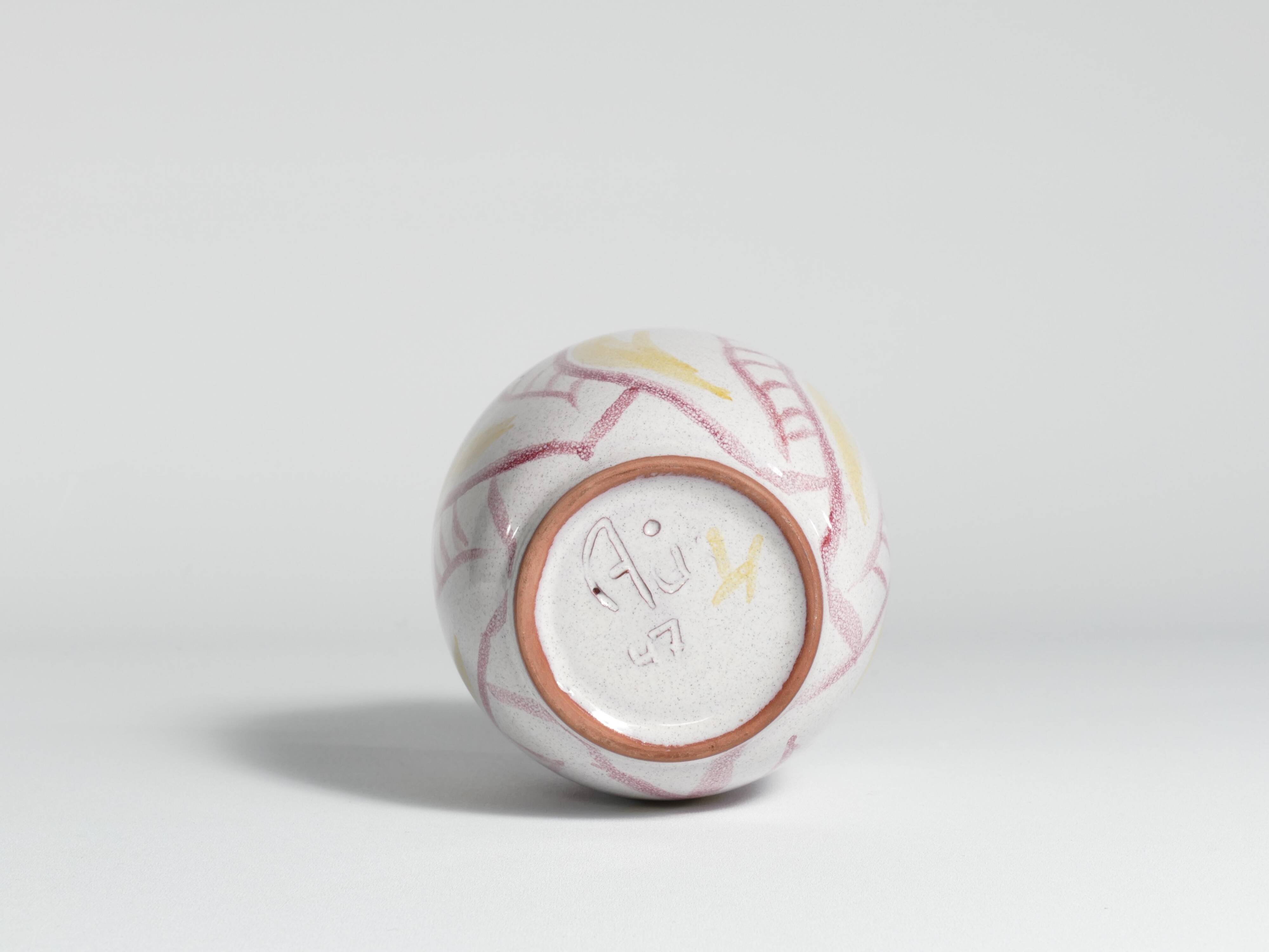 Scandinavian Modern Ceramic Vase with Red & Yellow Leaves, Alingsås Keramik 1947