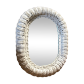 Miroir oval en  osier tressé blanc vintage 1970