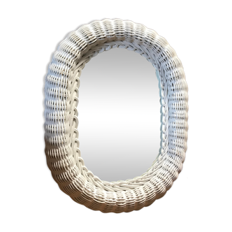 Oval mirror in vintage white woven wicker 1970
