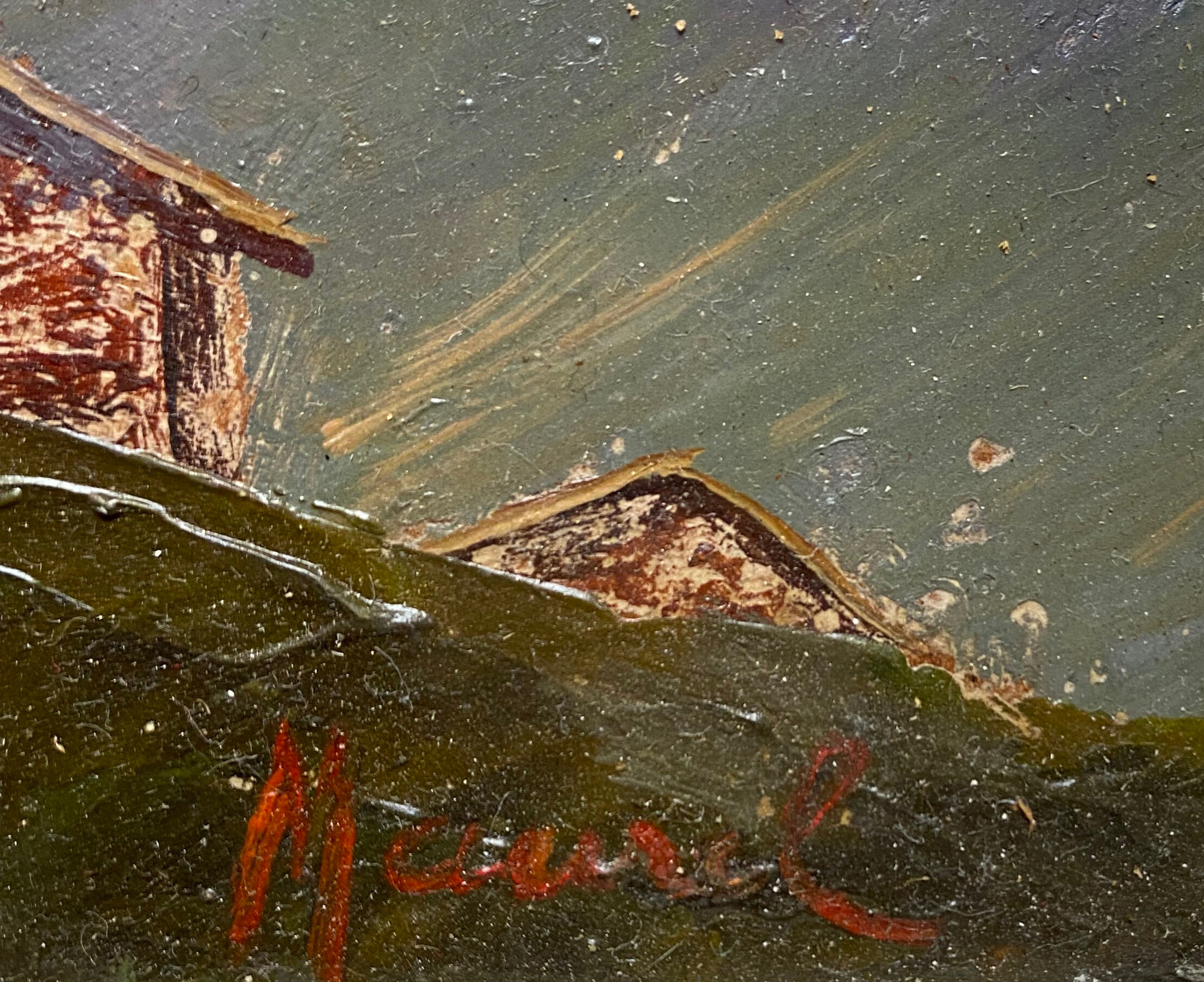 Painting Lively Mountain Landscape Alpine Chalets signed Maurel + frame