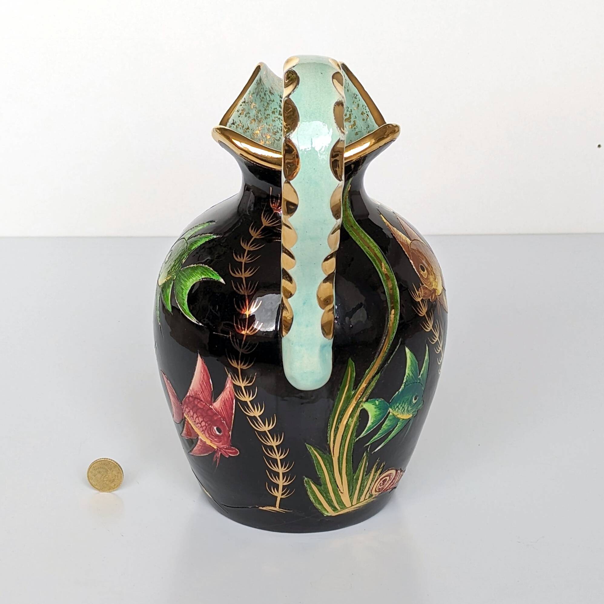 Large pitcher / Monaco vase in polychrome earthenware with bas relief decoration of fish on a seabed