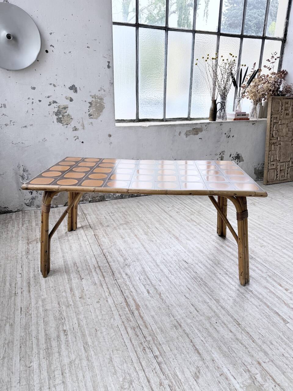 1950s rattan table with ceramic top