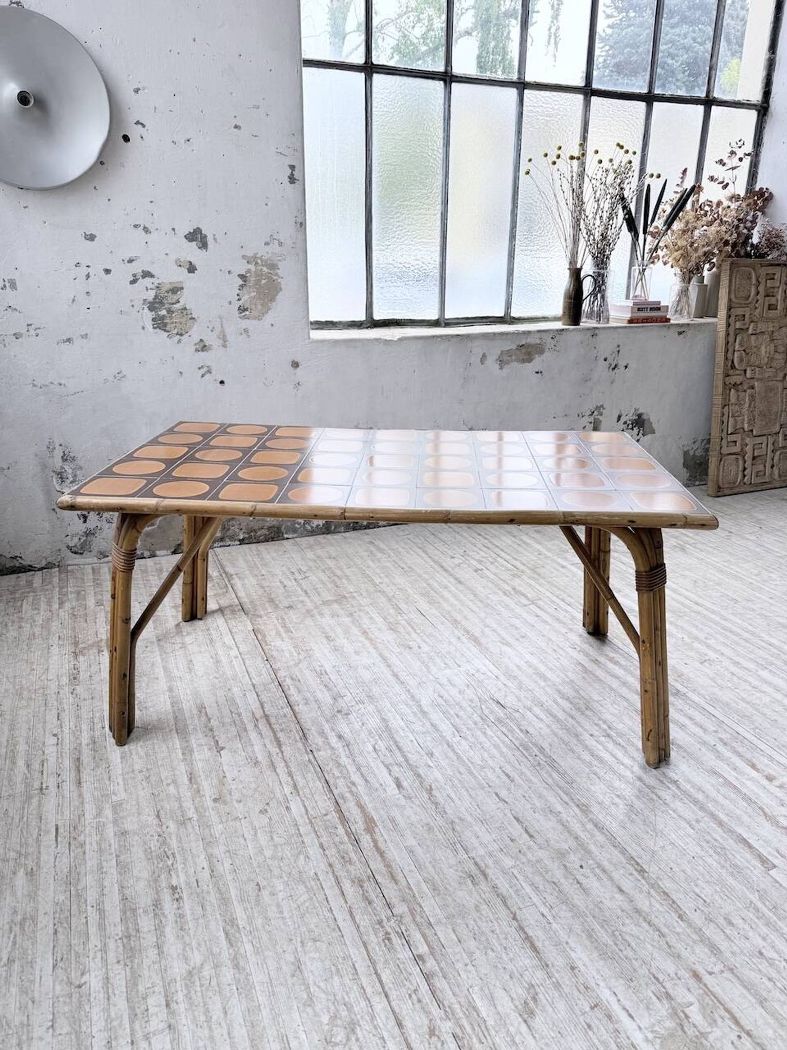 1950s rattan table with ceramic top